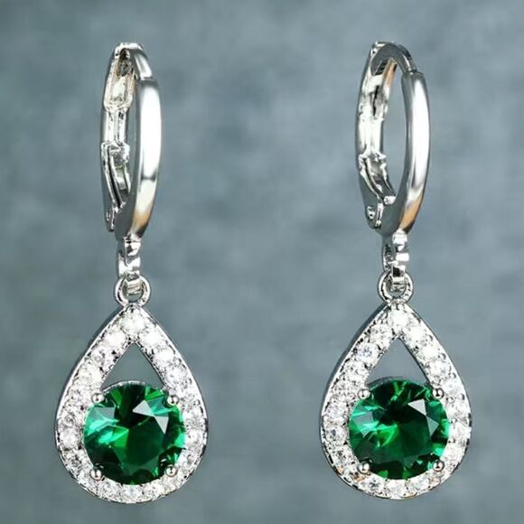 Round White, Red, Blue or Green Sapphire Silver Plated Drop Earrings - Picture 3 of 8